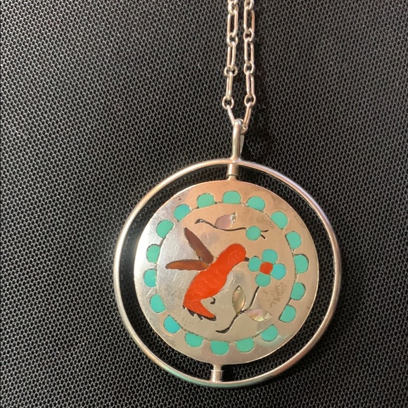 Randolph & Margie Ghahate Inlaid Spinner Bird Pendant Sterling Silver Necklace